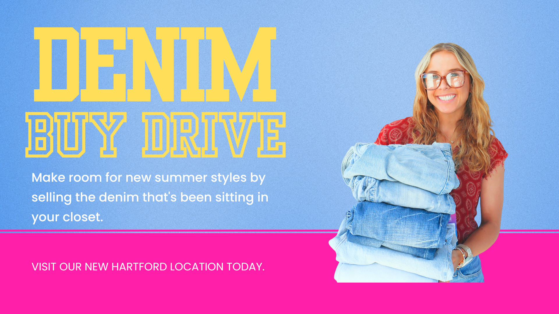 Teen denim buy event display at Plato’s Closet New Hartford featuring jeans and shorts for resale
